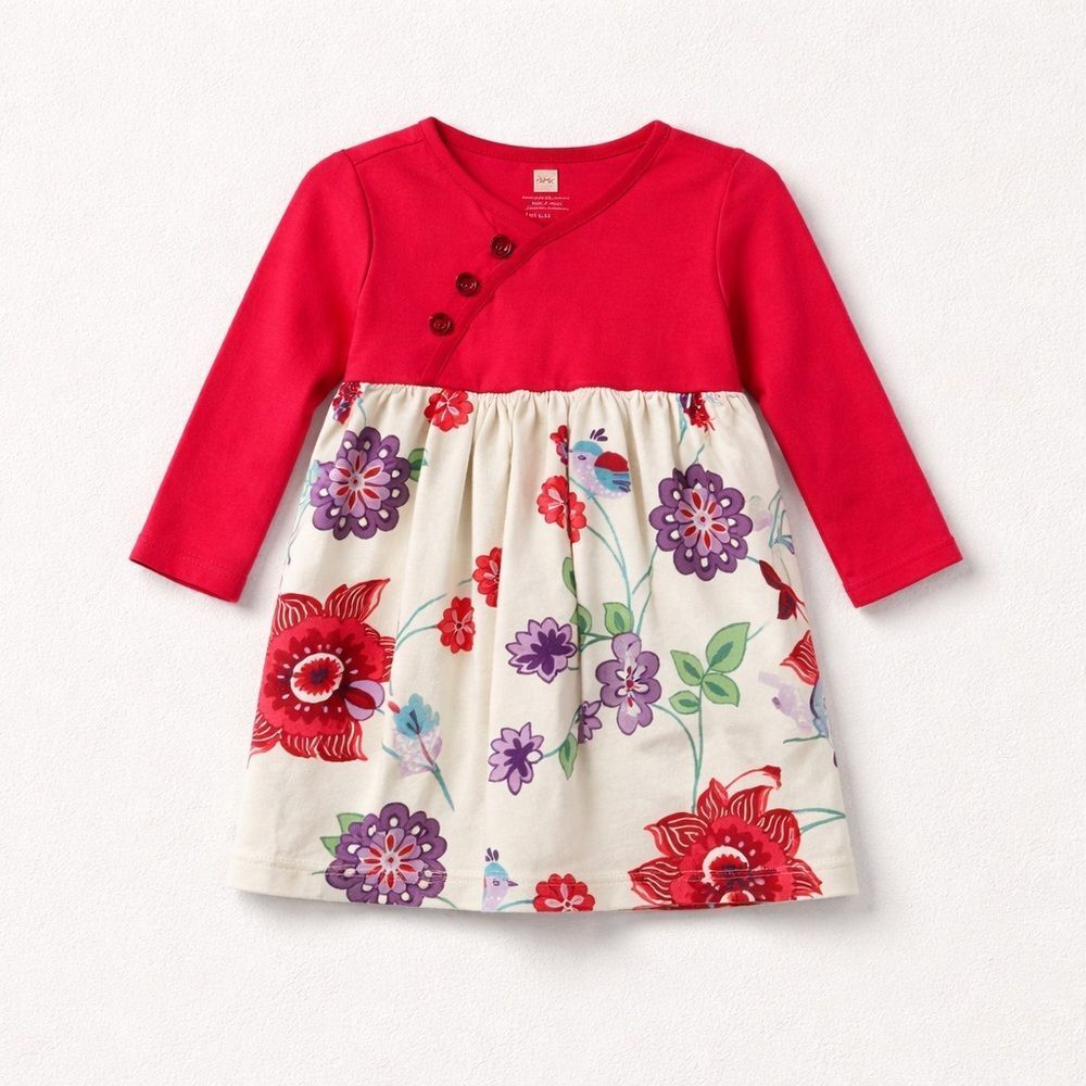 Tea pink and cream long sleeve floral and bird print cotton dress size 6-12 m